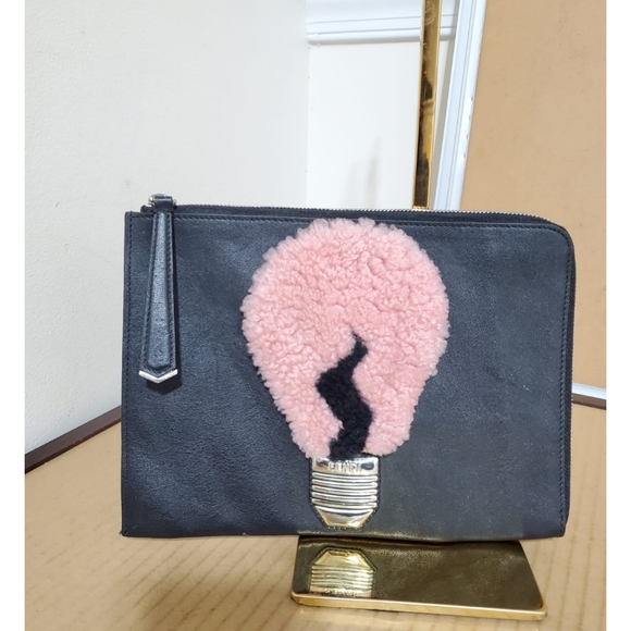 FENDI Vitello Dolce Shearling Light Bulb Zip Around Pouch Black - Picture 1 of 10